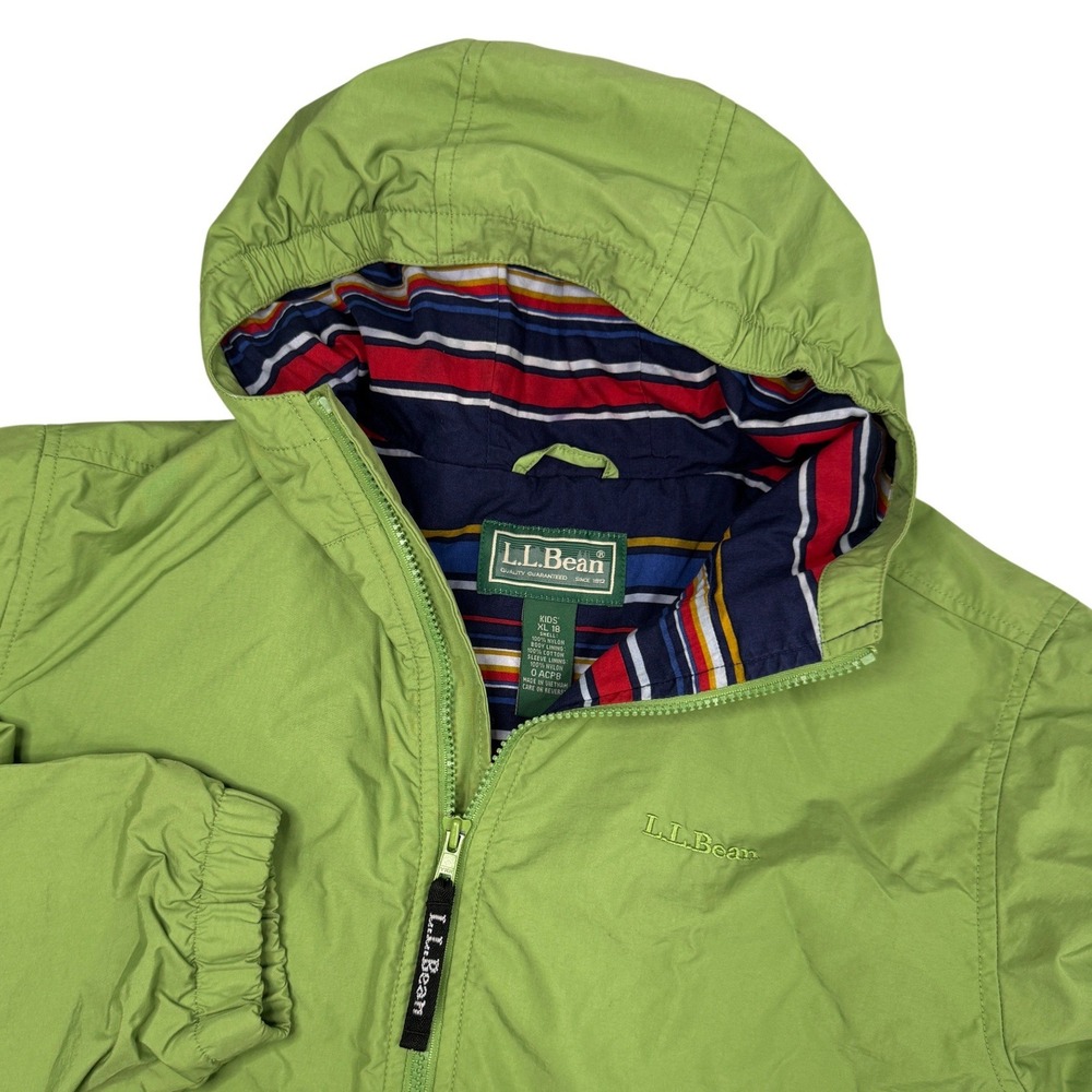 Vtg L.L. Bean Green Hooded Lightweight Zip Up Jacket Kids Sz XL 18 Flannel Lined